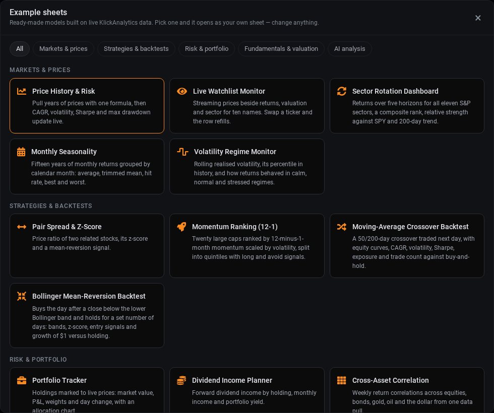 The example sheets gallery grouped by category