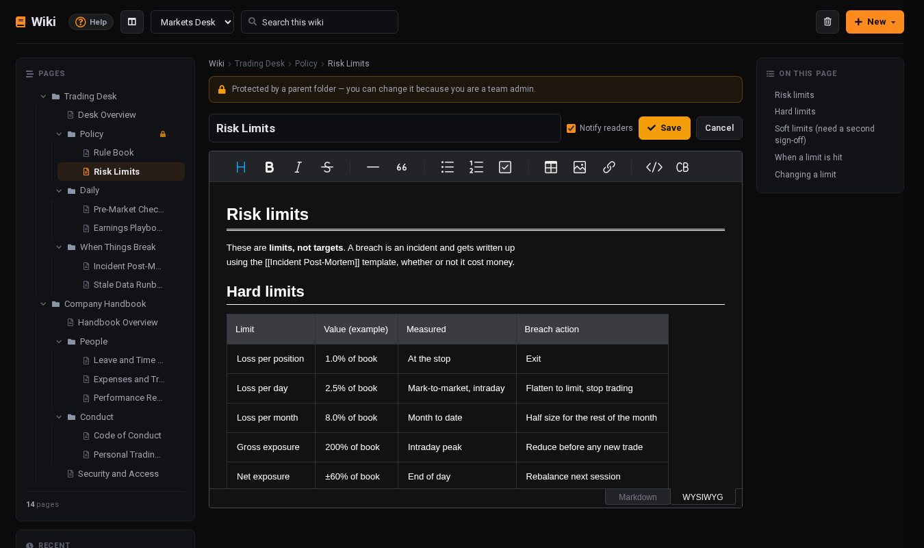 Editing the Risk Limits page with its table of limits