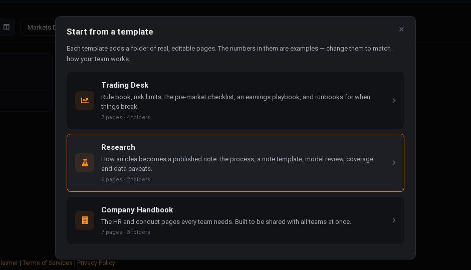 The template picker offering Trading Desk, Research and Company Handbook