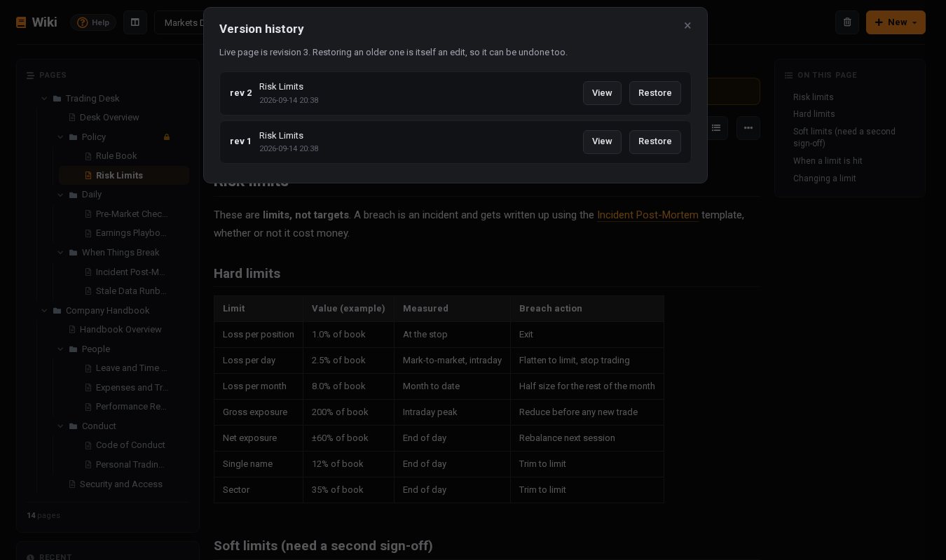 The version history of a page with View and Restore for each revision
